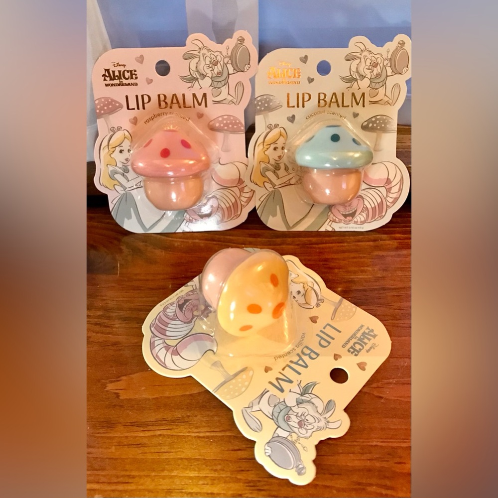 NEW Set 3 ALICE IN WONDERLAND Mushroom Toadstool Shaped Lip Gloss Chapstick
